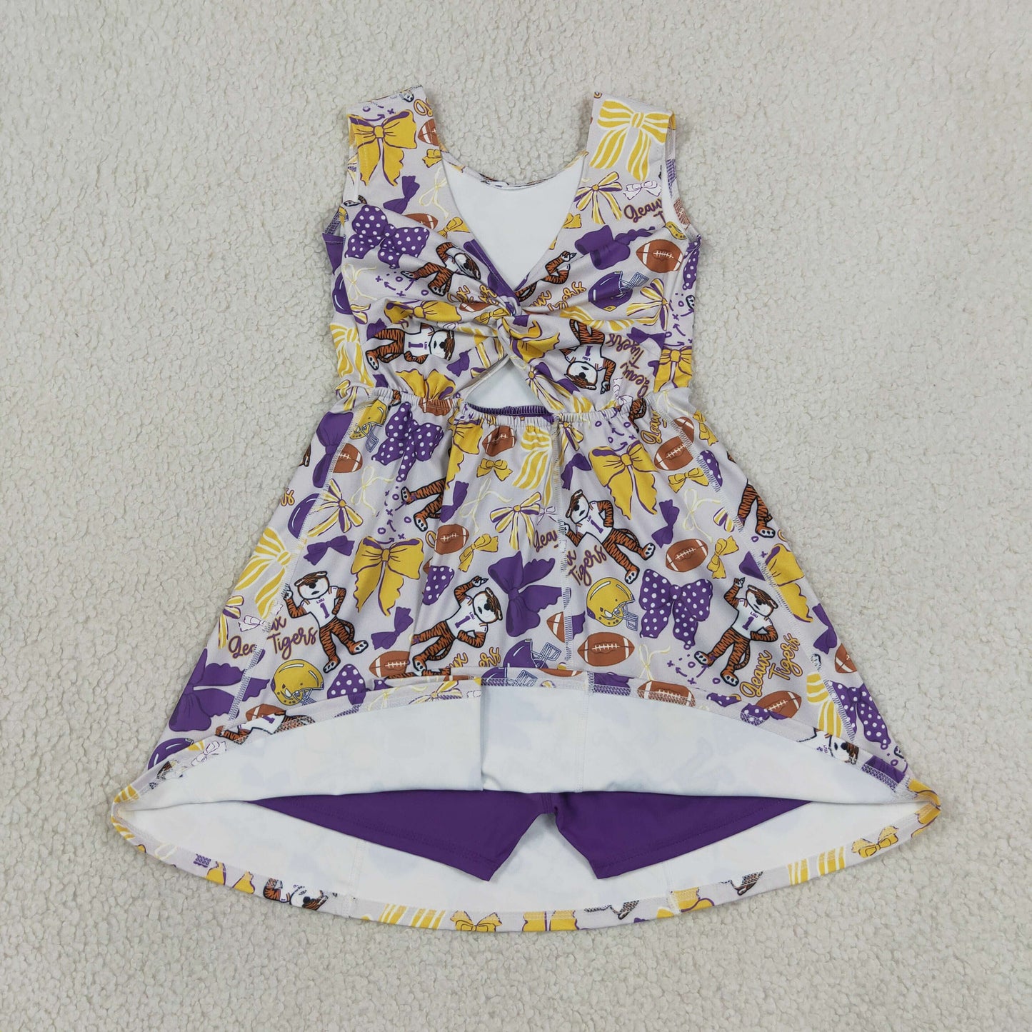 GSD3801 GO TEAM Tiger Purple Bows Gray Yoga Dresses for Girls 202607 RTS
