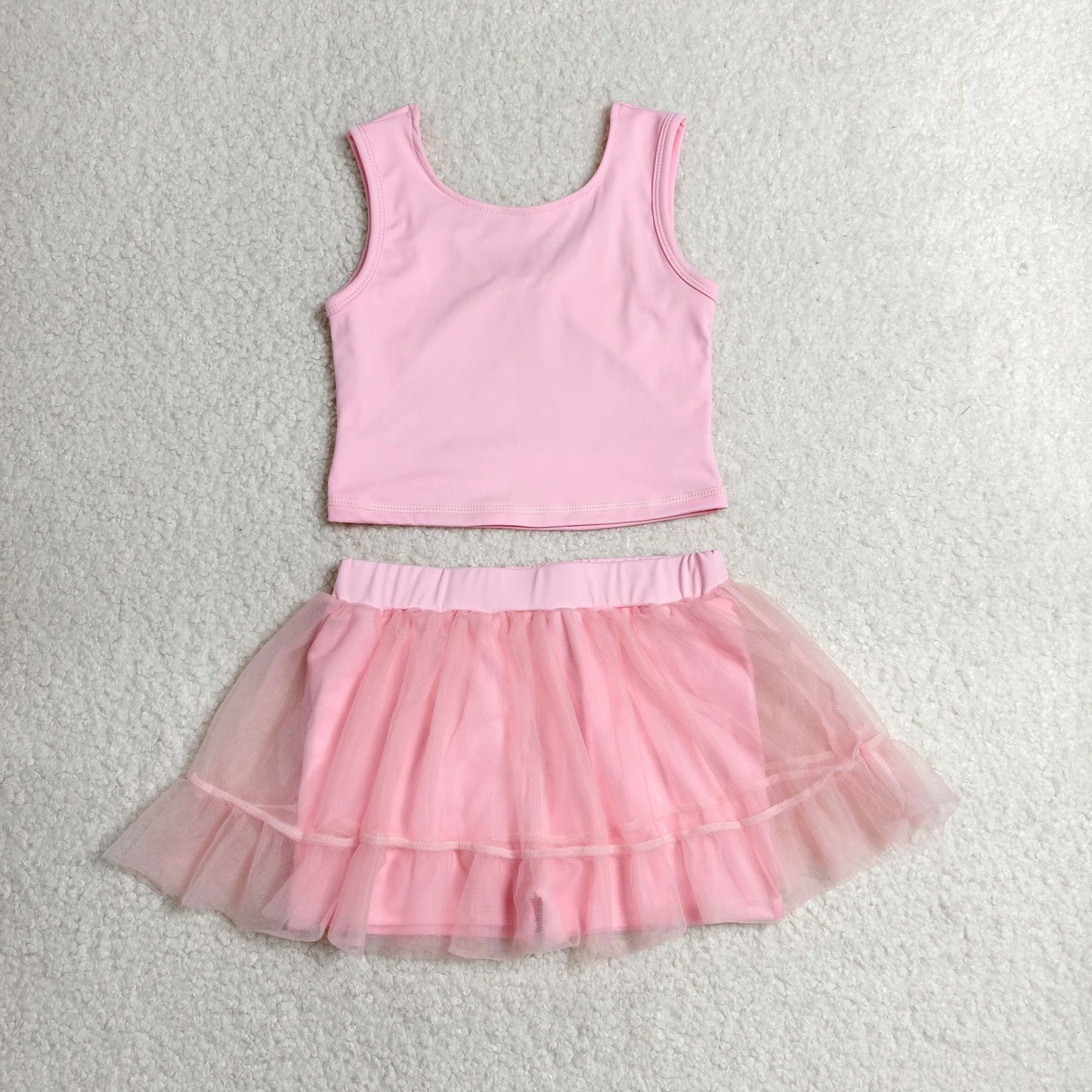 GSD3806 Solid Pink Sleeveless Top with Tulle Skirts for Girls Yoga Sets 202606 RTS