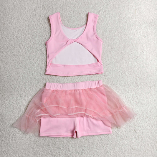 GSD3806 Solid Pink Sleeveless Top with Tulle Skirts for Girls Yoga Sets 202606 RTS