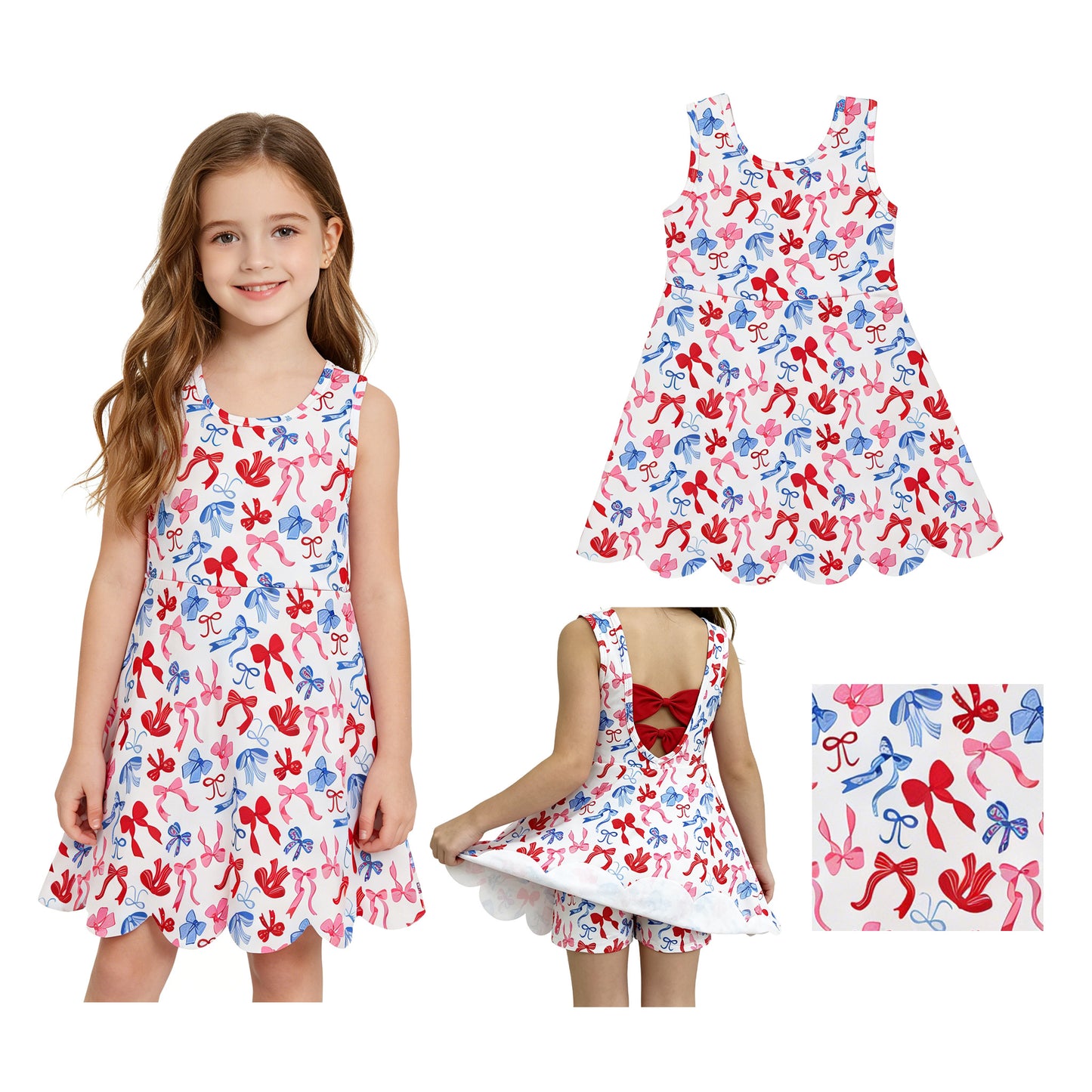 GSD3809 4th of July Red Blue Star Bows Ruffle Sleeveless Yoga Dresses for Girls 202605 RTS