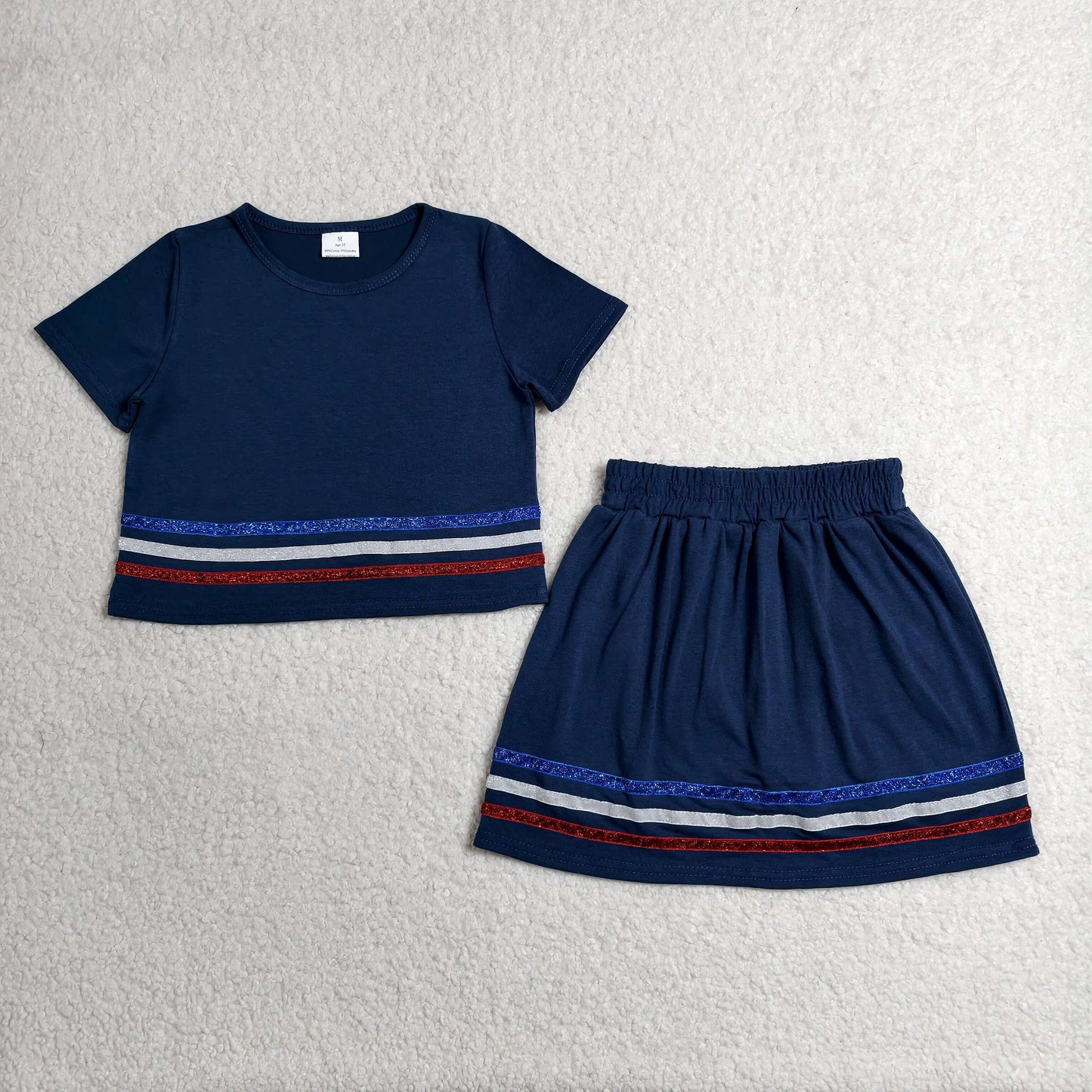 GSD3811 4th of July Stripe Navy Blue Short Sleeve with Skirts for Girls Sets 202606 RTS