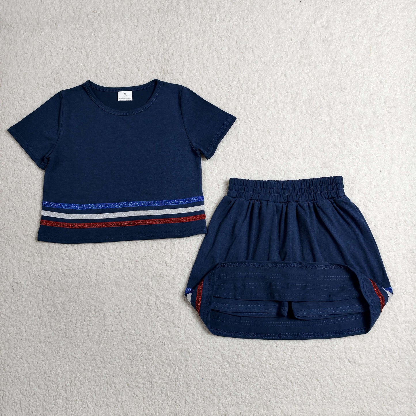 GSD3811 4th of July Stripe Navy Blue Short Sleeve with Skirts for Girls Sets 202606 RTS