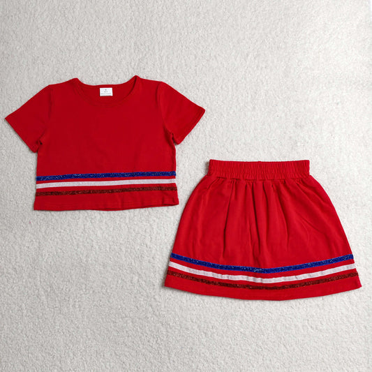 GSD3812 4th of July Stripe Red Short Sleeve with Skirts for Girls Sets 202606 RTS