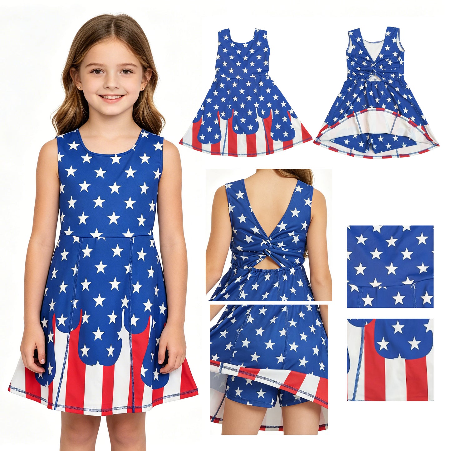 GSD3813 4th of July Star Stripe Blue Yoga Dresses for Girls 202604 RTS