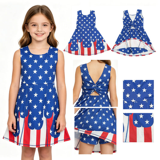 GSD3813 4th of July Star Stripe Blue Yoga Dresses for Girls 202604 RTS