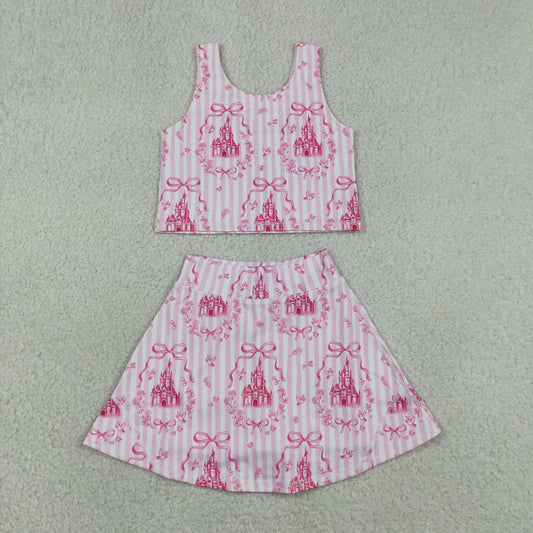 GSD3814 Bows Stripe Princess Castle Pink Sleeveless Top with Skirts for Girls Yoga Sets 202605 RTS