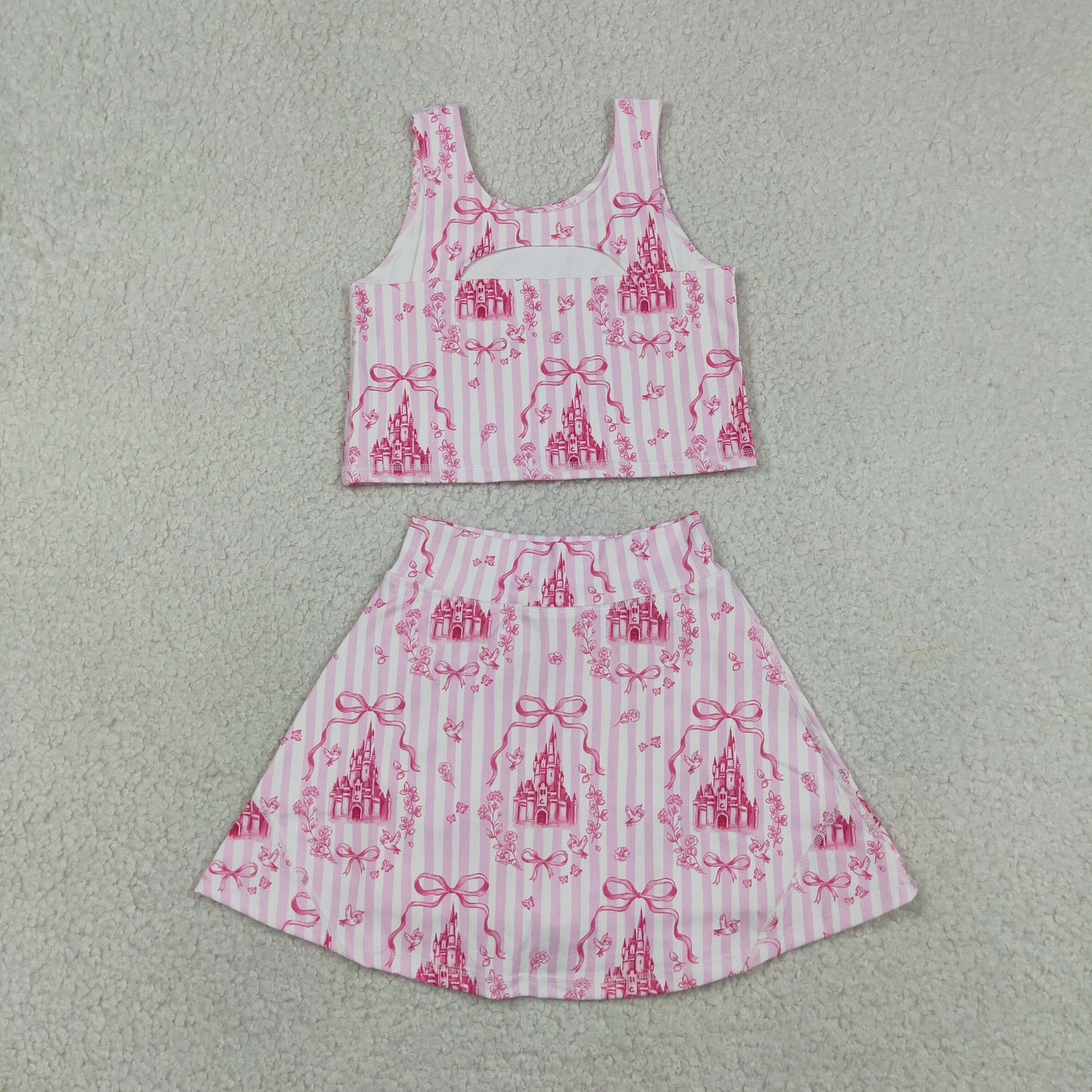 GSD3814 Bows Stripe Princess Castle Pink Sleeveless Top with Skirts for Girls Yoga Sets 202605 RTS
