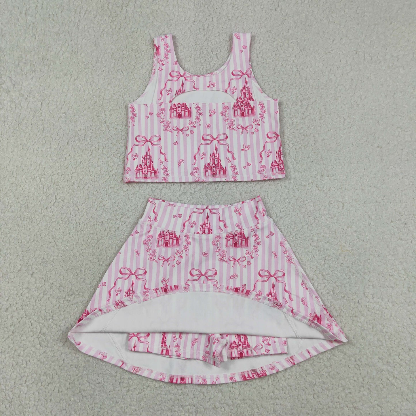 GSD3814 Bows Stripe Princess Castle Pink Sleeveless Top with Skirts for Girls Yoga Sets 202605 RTS