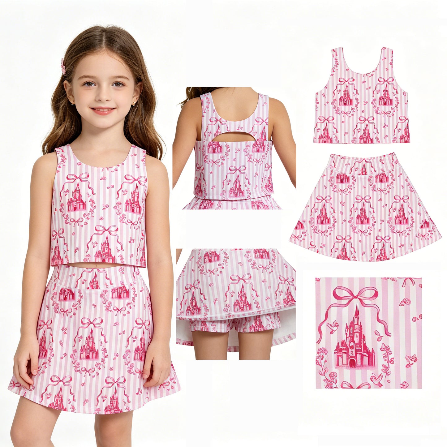 GSD3814 Bows Stripe Princess Castle Pink Sleeveless Top with Skirts for Girls Yoga Sets 202605 RTS