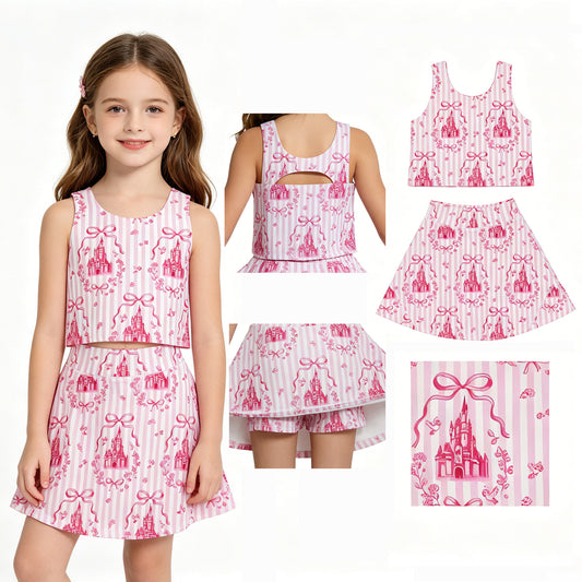 GSD3814 Bows Stripe Princess Castle Pink Sleeveless Top with Skirts for Girls Yoga Sets 202605 RTS