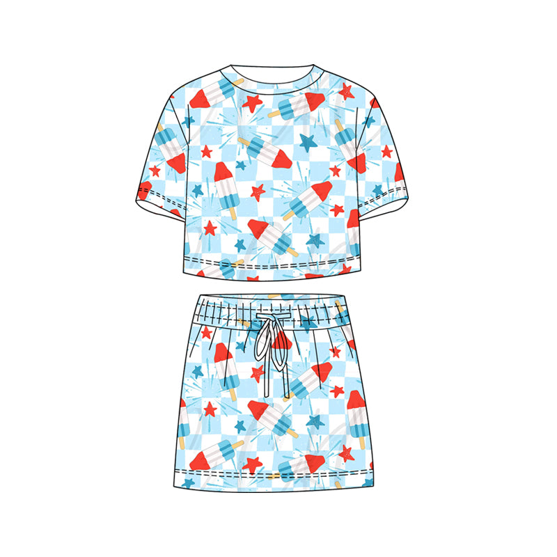MOQ 5 PCS Preorder GSD3816 4th of July Ice Cream Star Plaid Blue Short Sleeve with Skirts for Girls Sets 202602
