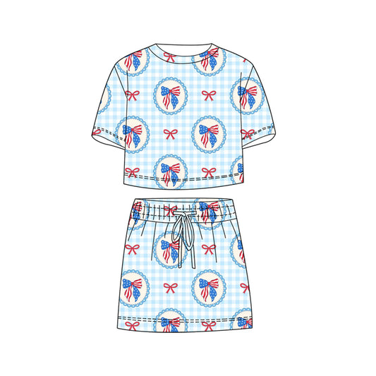 MOQ 5 PCS Preorder GSD3817 4th of July Bows Plaid Blue Short Sleeve with Skirts for Girls Sets 202602
