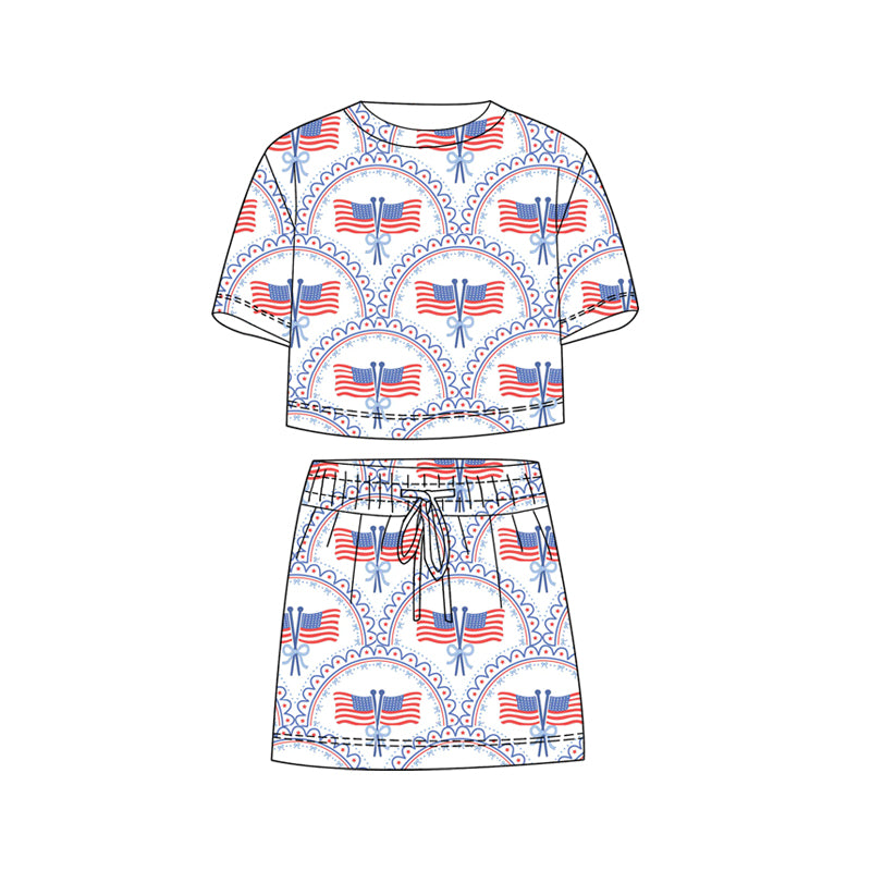 MOQ 5 PCS Preorder GSD3818 4th of July Flag Bows White Short Sleeve with Skirts for Girls Sets 202602