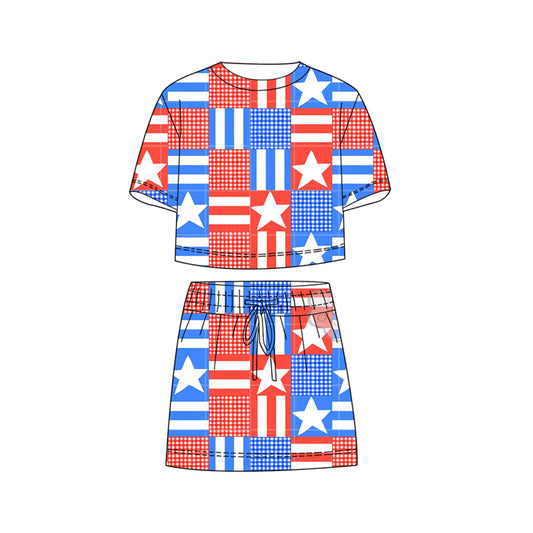 MOQ 5 PCS Preorder GSD3819 4th of July Star Stripe Plaid Short Sleeve with Skirts for Girls Sets 202602