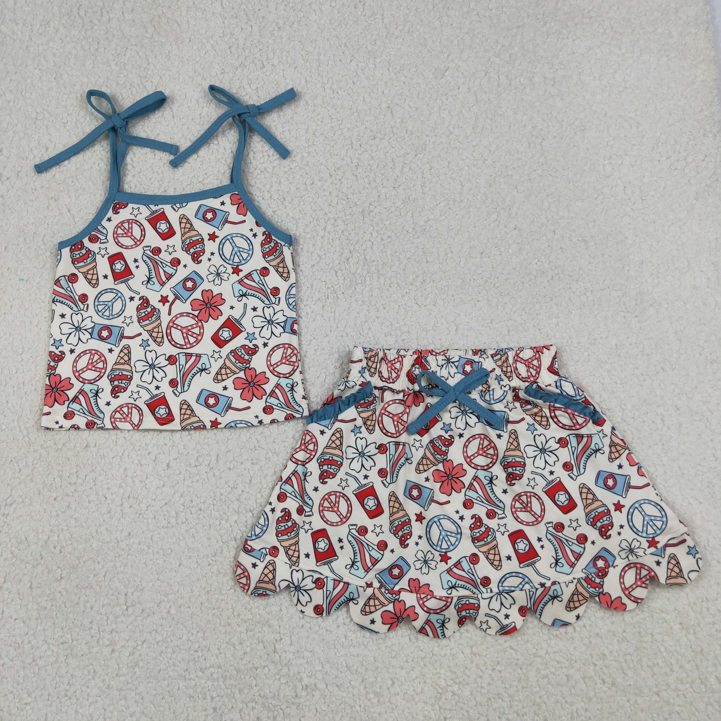GSD3827 4th of July Ice Cream Flower Bows Sleeveless with Shorts Skirts for Girls Sets 202605 RTS