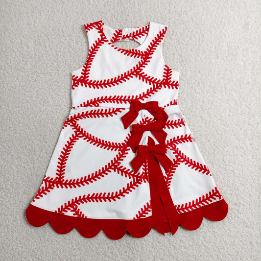 GSD3833 Baseball Pattern Red Bow Ruffle White Sleeveless Yoga Dresses for Girls 202606 RTS