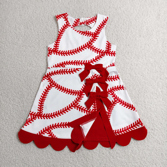 GSD3833 Baseball Pattern Red Bow Ruffle White Sleeveless Yoga Dresses for Girls 202606 RTS