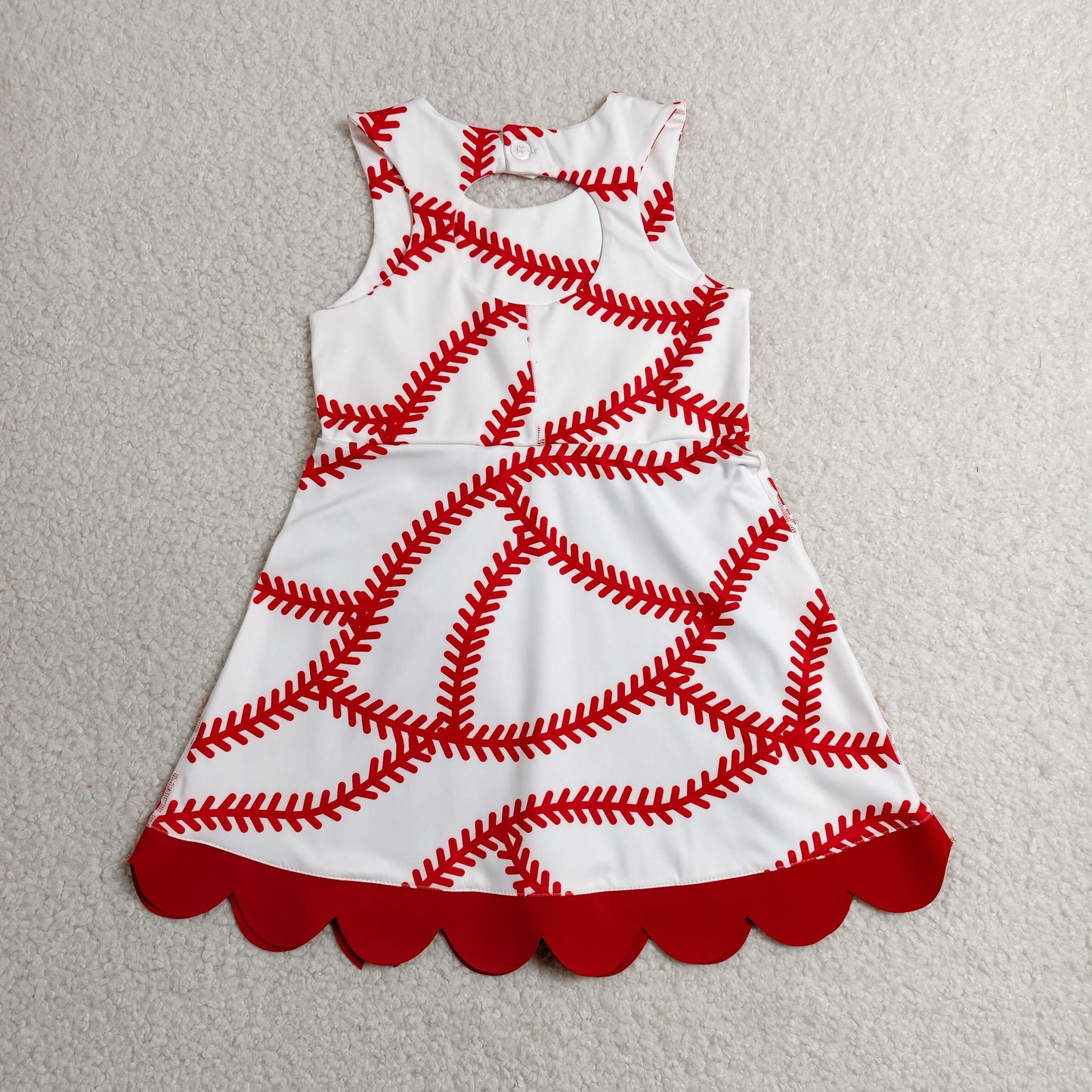 GSD3833 Baseball Pattern Red Bow Ruffle White Sleeveless Yoga Dresses for Girls 202606 RTS