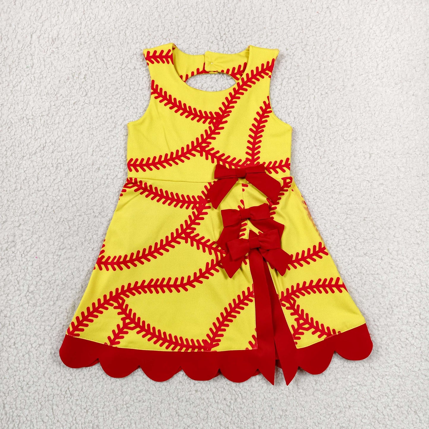 GSD3834 Baseball Pattern Red Bow Ruffle Yellow Sleeveless Yoga Dresses for Girls 202606 RTS