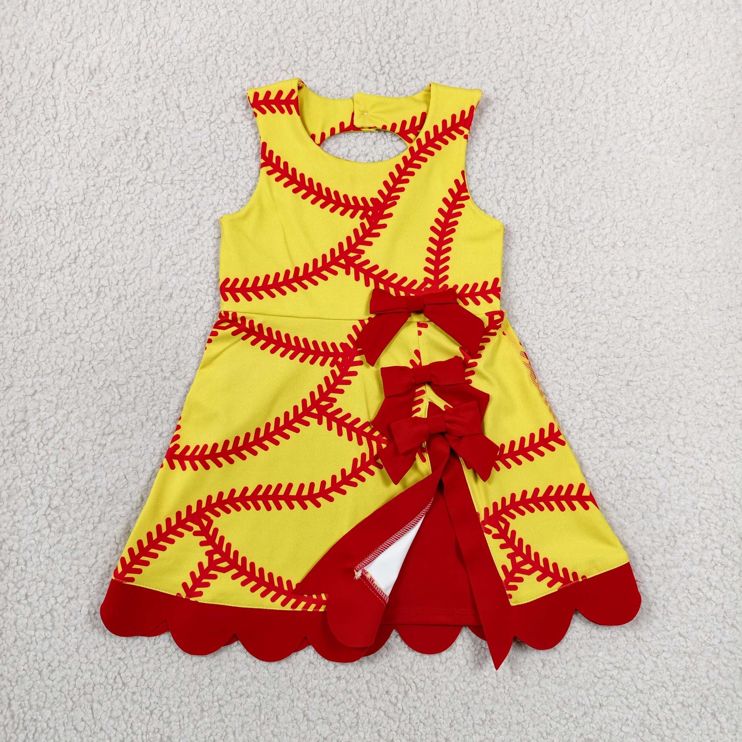 GSD3834 Baseball Pattern Red Bow Ruffle Yellow Sleeveless Yoga Dresses for Girls 202606 RTS
