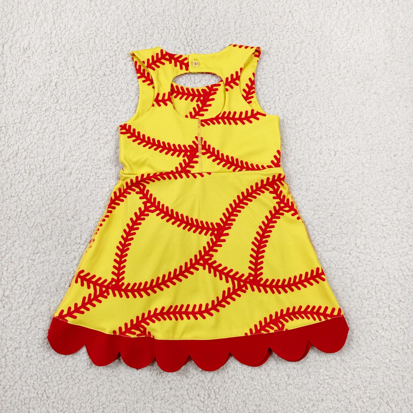 GSD3834 Baseball Pattern Red Bow Ruffle Yellow Sleeveless Yoga Dresses for Girls 202606 RTS