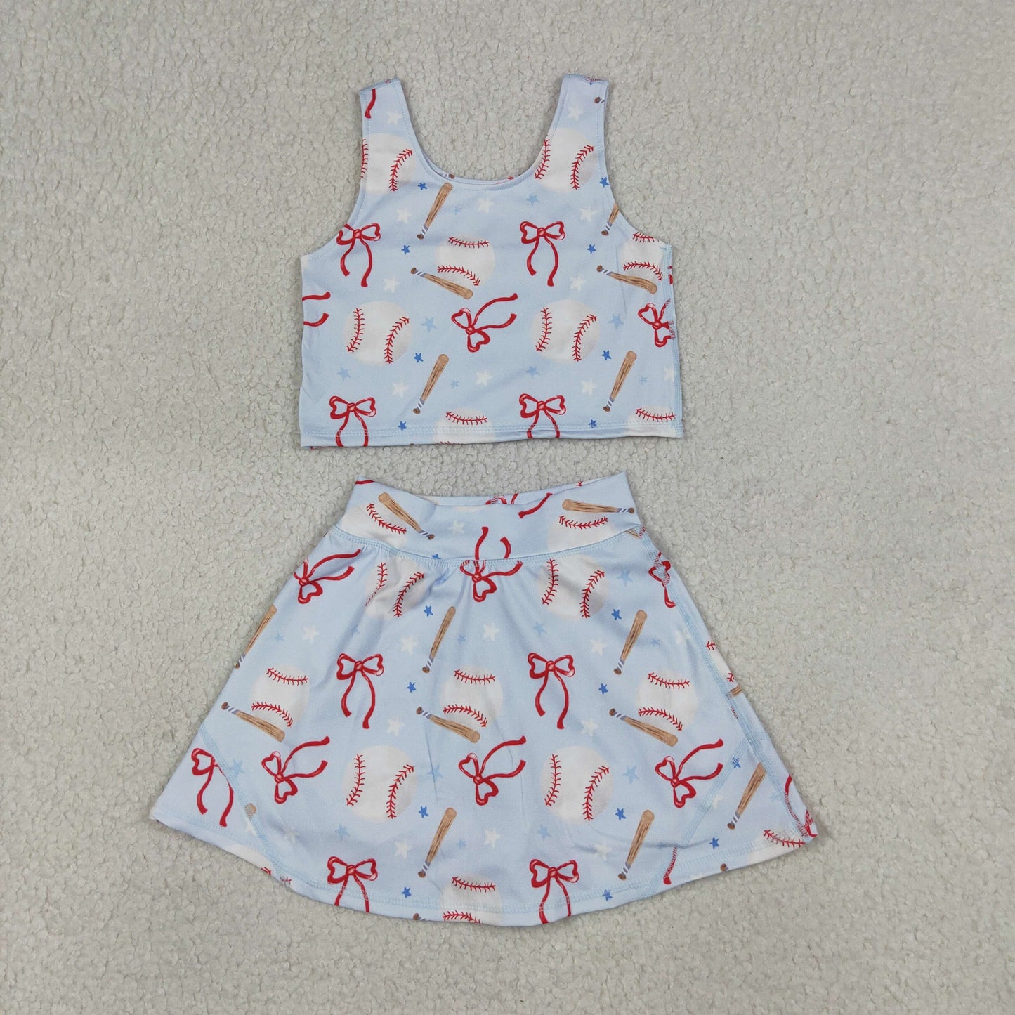 GSD3835 Baseball Star Bows Light Blue Sleeveless Top with Skirts for Girls Yoga Sets 202604 RTS