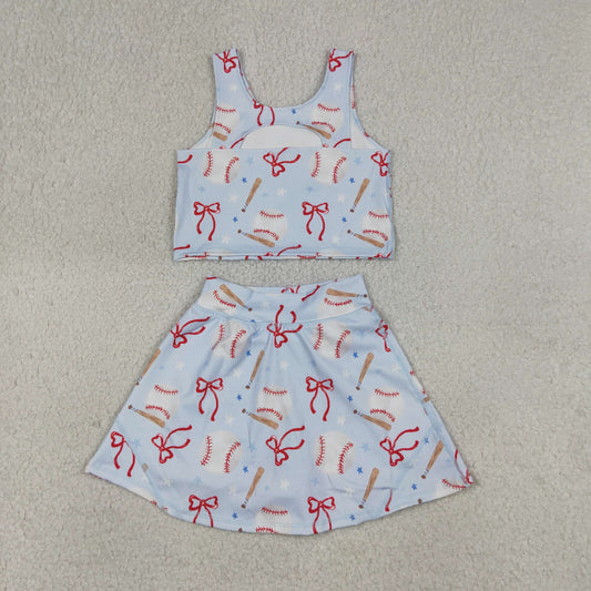 GSD3835 Baseball Star Bows Light Blue Sleeveless Top with Skirts for Girls Yoga Sets 202604 RTS