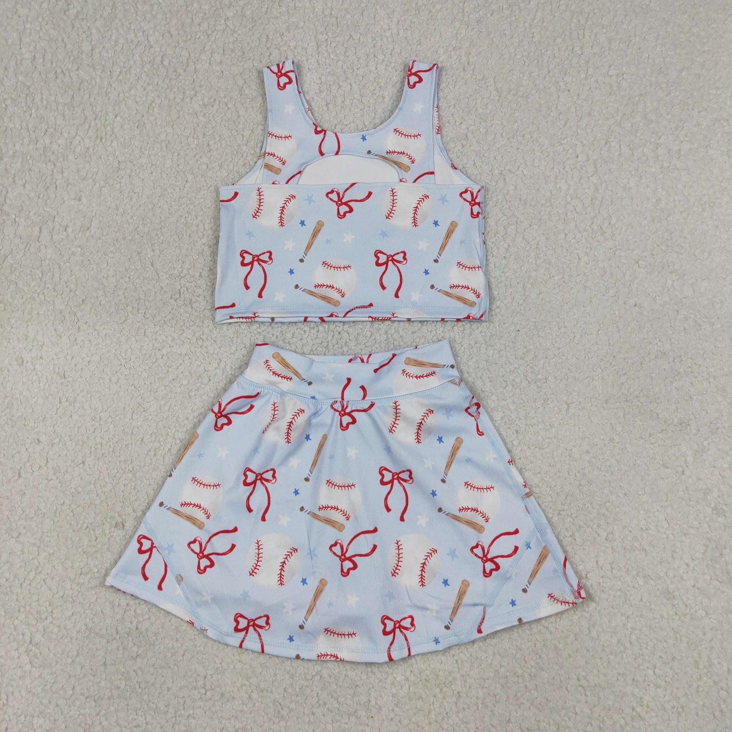 GSD3835 Baseball Star Bows Light Blue Sleeveless Top with Skirts for Girls Yoga Sets 202604 RTS