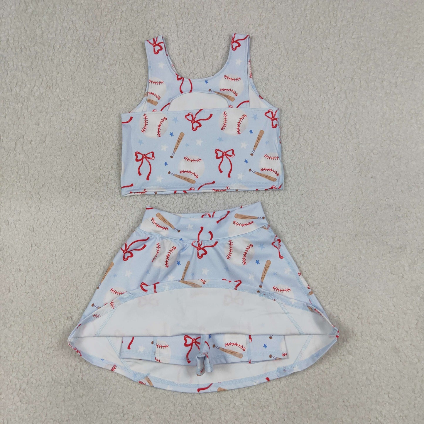 GSD3835 Baseball Star Bows Light Blue Sleeveless Top with Skirts for Girls Yoga Sets 202604 RTS