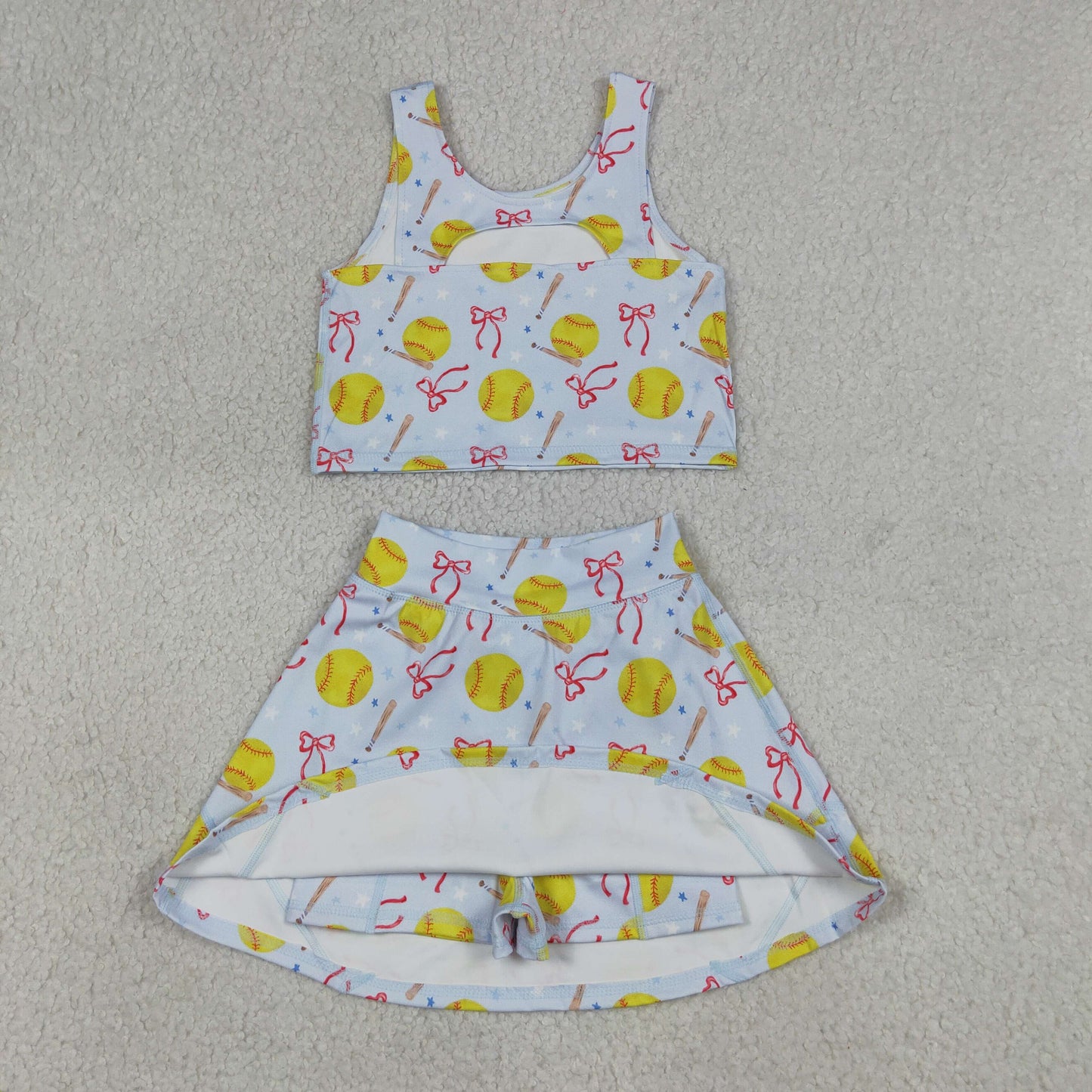 GSD3836 Softball Star Bows Light Blue Sleeveless Top with Skirts for Girls Yoga Sets 202604 RTS