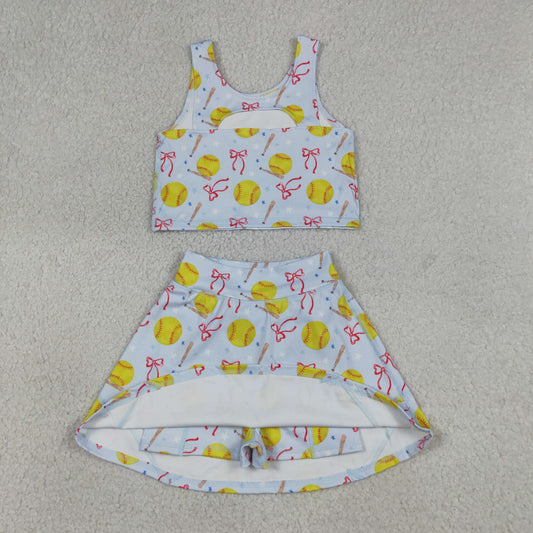 GSD3836 Softball Star Bows Light Blue Sleeveless Top with Skirts for Girls Yoga Sets 202604 RTS
