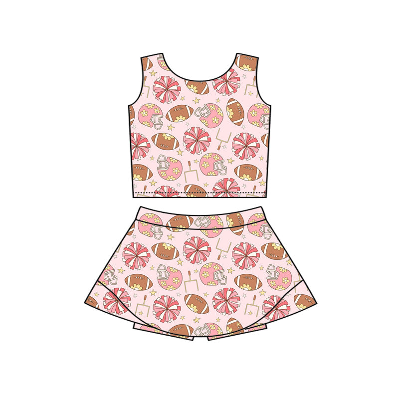 MOQ 5 preorder GSD3837 Rugby Flower Helmet Pink Sleeveless Top with Skirts for Girls Yoga Sets 202602