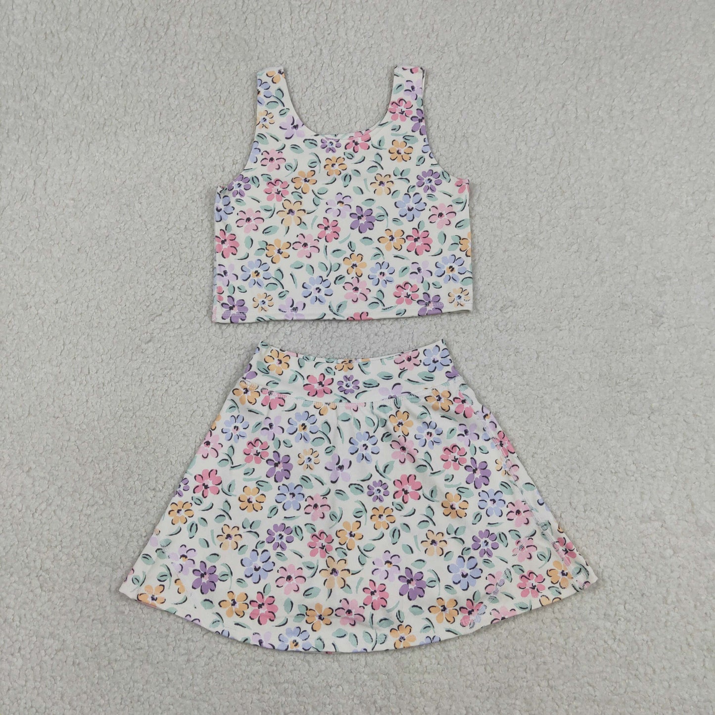 GSD3838 Flower Beige Sleeveless Top with Skirts for Girls Yoga Sets 202604 RTS