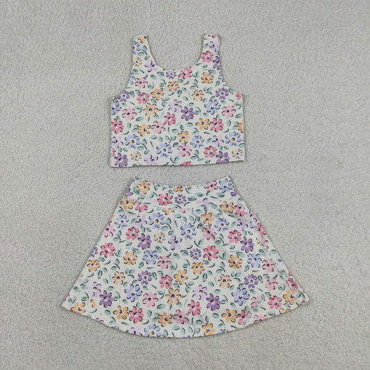 GSD3838 Flower Beige Sleeveless Top with Skirts for Girls Yoga Sets 202604 RTS