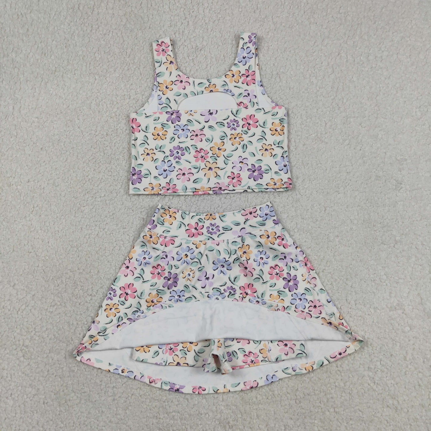GSD3838 Flower Beige Sleeveless Top with Skirts for Girls Yoga Sets 202604 RTS