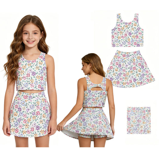GSD3838 Flower Beige Sleeveless Top with Skirts for Girls Yoga Sets 202604 RTS