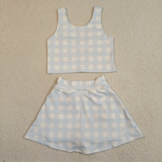 GSD3839 Light Blue White Plaid Sleeveless Top with Skirts for Girls Yoga Sets 202604 RTS