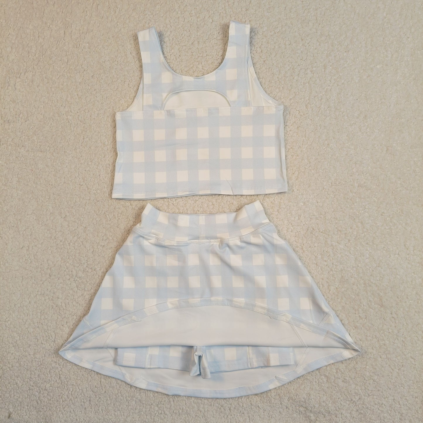 GSD3839 Light Blue White Plaid Sleeveless Top with Skirts for Girls Yoga Sets 202604 RTS