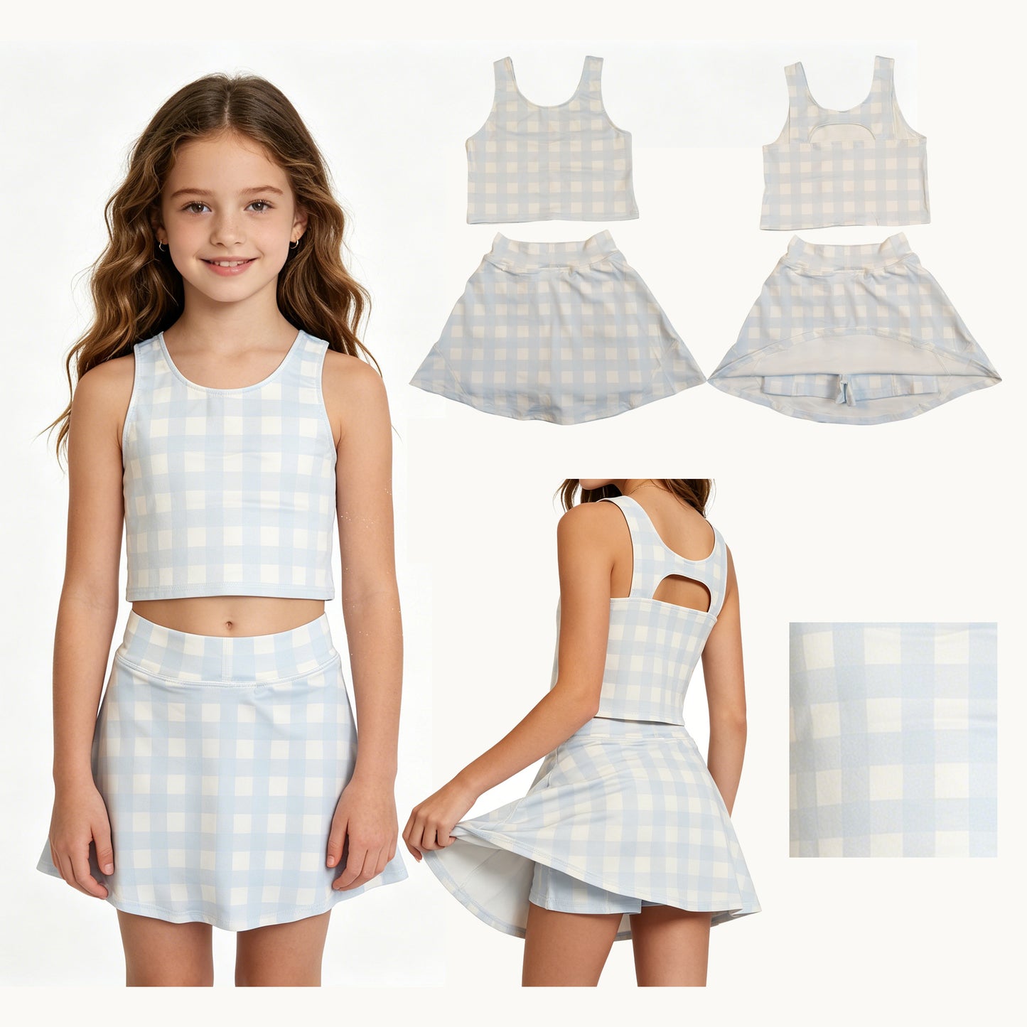 GSD3839 Light Blue White Plaid Sleeveless Top with Skirts for Girls Yoga Sets 202604 RTS
