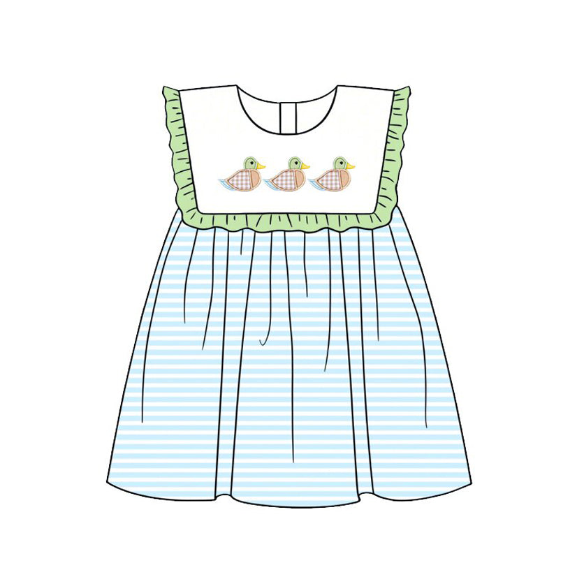 MOQ 5 PCS Preorder GSD3841 Ducks Green Ruffle Blue Stripe Sleeveless Dresses for Girls 202602