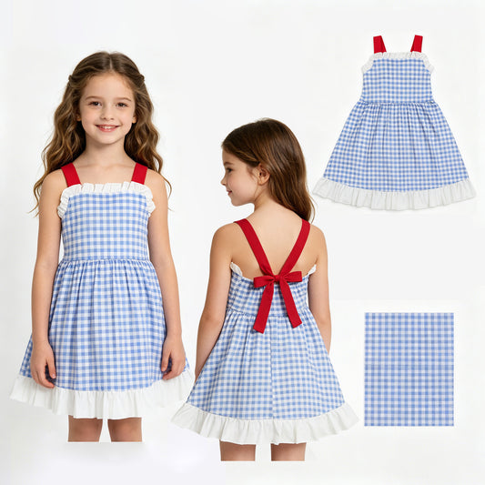 GSD3843 White Ruffle Red Bow Light Blue Plaid Sleeveless Dresses for Girls 202605 RTS
