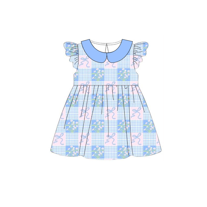 MOQ 5 PCS Preorder GSD3844 Light Blue Plaid Bows Doll Collar Flying Sleeve Dresses for Girls 202603