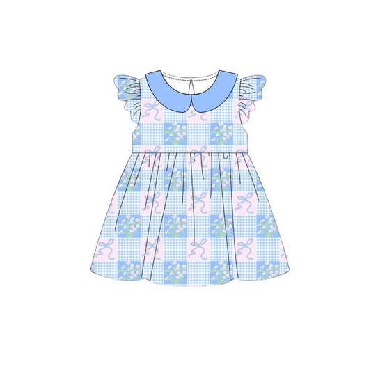 MOQ 5 PCS Preorder GSD3844 Light Blue Plaid Bows Doll Collar Flying Sleeve Dresses for Girls 202603