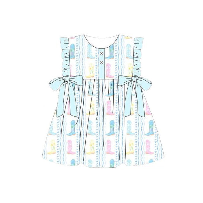 MOQ 5 PCS Preorder GSD3847 Boots Love Light Blue Green Ruffle Sleeveless Dresses for Girls 202603