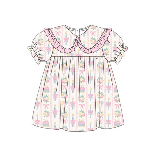 MOQ 5 PCS Preorder GSD3848 Happy Birthday Bows Cake Pink Ruffle Short Sleeve Dresses for Girls 202603