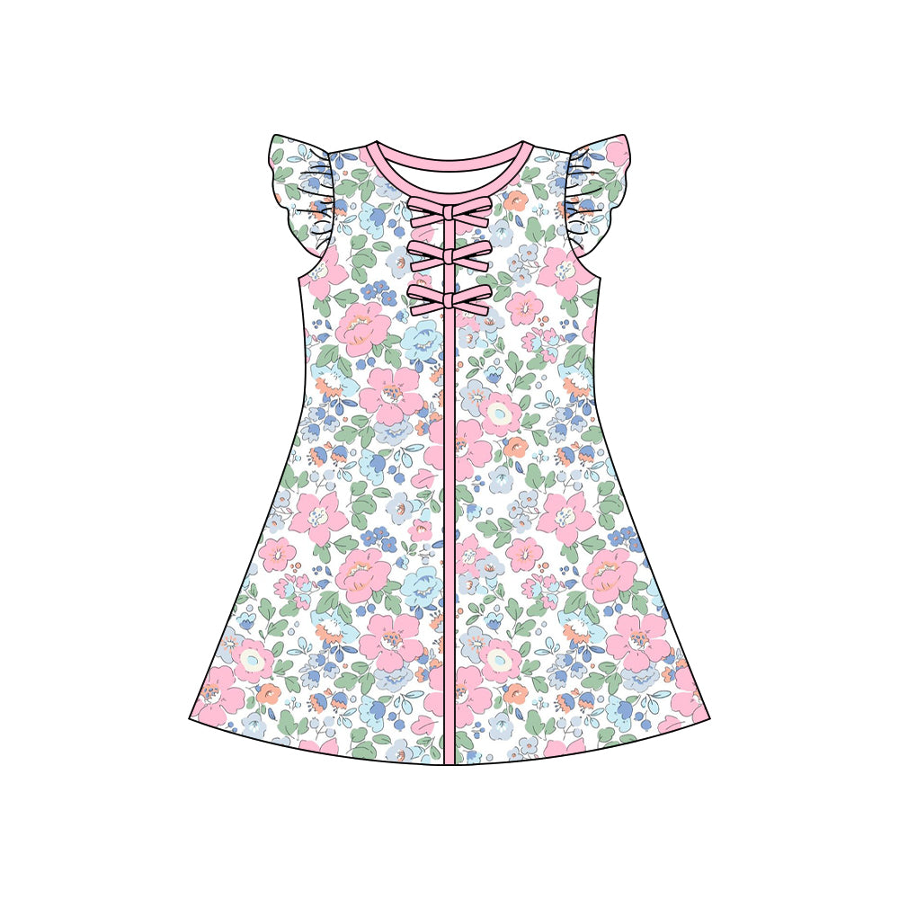 MOQ 5 PCS Preorder GSD3852 Pink Flower Leaf Bows Flying Sleeve Dresses for Girls 202603
