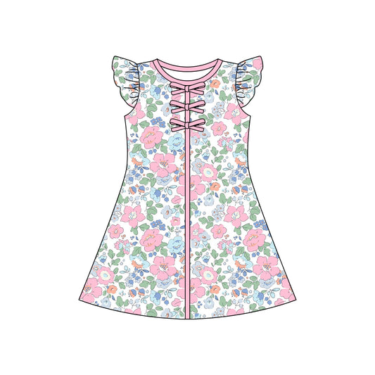 MOQ 5 PCS Preorder GSD3852 Pink Flower Leaf Bows Flying Sleeve Dresses for Girls 202603