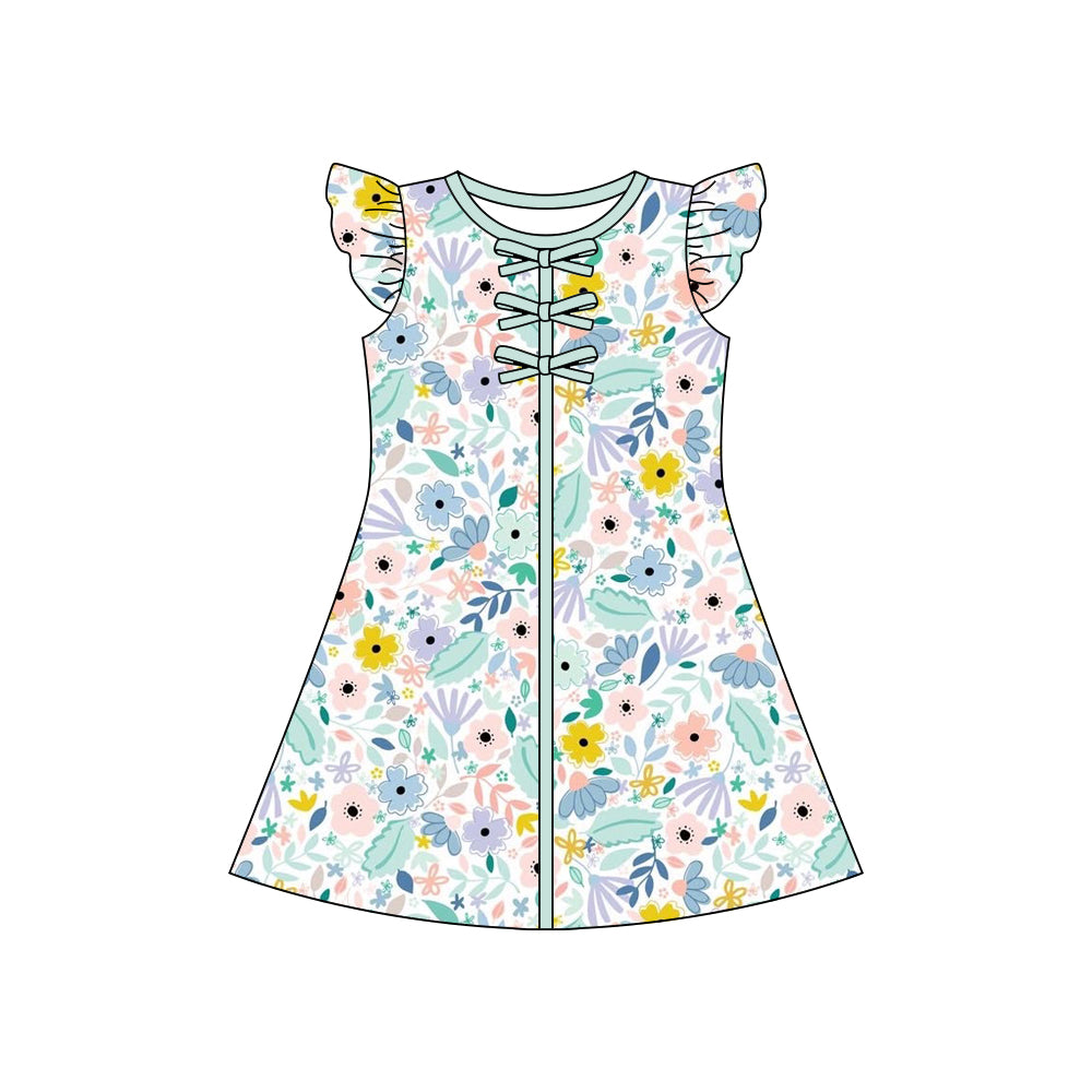 MOQ 5 PCS Preorder GSD3855 Flower Leaf Green Bows Flying Sleeve Dresses for Girls 202603