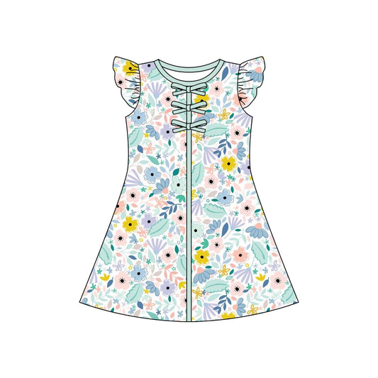 MOQ 5 PCS Preorder GSD3855 Flower Leaf Green Bows Flying Sleeve Dresses for Girls 202603