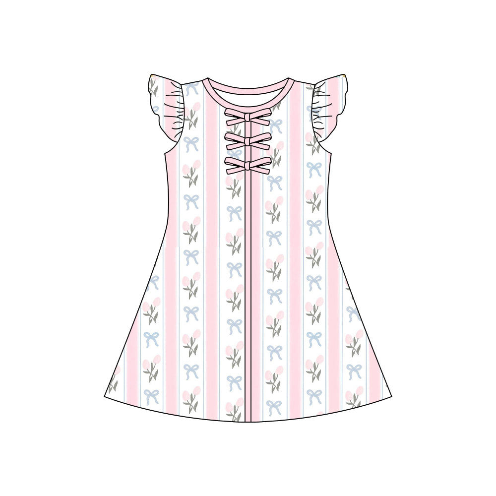 MOQ 5 PCS Preorder GSD3856 Flower Bows Stripe Pink Flying Sleeve Dresses for Girls 202603